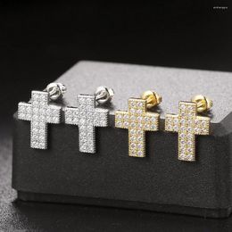 Stud Earrings Hip Hop Iced Out Cross Earring For Men Male Squares Zirconia Gold Colour Piercing Cartilage Ear Accessories Jewellery