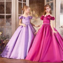 Girl Dresses Elegant Party Dress Satin Flower For Wedding Long Sleeves Princess Bow Birthday Concert Short Junior Bridesmaid Gown