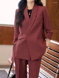 Women's Two Piece Pants Office Lady Solid Blazer Pantsuits Women Casual Formal Sashes Jackets Coat High Waist Wide Leg Pieces Female Outfits