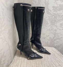 Cagole lambskin leather knee-high boots stud buckle of factory footwear embellished side zip shoes pointed Toe stiletto heel tall boot luxury designers shoe