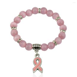 Link Bracelets Arrival Breast Cancer Awareness Jewellery White Pink Opal Beaded Bracelet Ribbon Charm Bracelets&Bangles