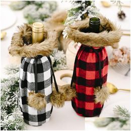 Christmas Decorations Buffalo Plaid Wine Bottle Er Decorative Faux Fur Cuff Sweater Holder Gift Bags Party Ornament Jk2009Xb Drop De Dh8Lk