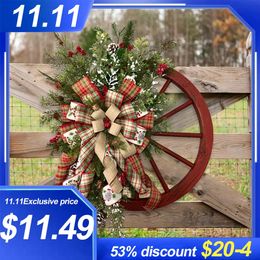 Christmas Decorations Farmhouse Wagon Wheel Wreath 40cm Christmas Winter Door Hanging Home Outdoor Decoration Year Gift Christmas Decoration 2024 231113