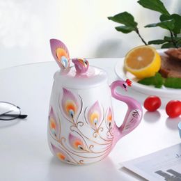 Mugs Enamel Peacock Coffee Tea Cups And With Spoon Creative Home Office Mark Drinkware Decor 450ml