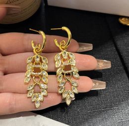 Vintage Designer 18K Gold Plating Earrings High End Brand Double Letter Earring Geometry Wheat Ear Stud Crystal Rhinestone Wedding Gifts Jewellery Accessories