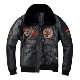 Men s Leather Faux Genuine Cowhide JacketS Men Jacket Thick Warm 8 Patches Flight Suit Removable Fur Collar Air Force Pilot Coat Winter 231114