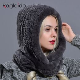 BeanieSkull Caps Rabbit fur hood Volume hats for women winter warm novelty knitted fur scarf hat stylish fashionable genuine large female fur hat 231113