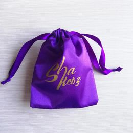 Shopping Bags 500pcs/lot Luxury Satin Drawstring Bag In Purple With My Custom Your Hair Extension Wigs Gift Jewellery Packaging