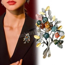 Women Retro Natural Stones Tree Brooches Colourful Floral Leaf Brooches Pins Clothes Accessories Daily Party Jewellery Gifts