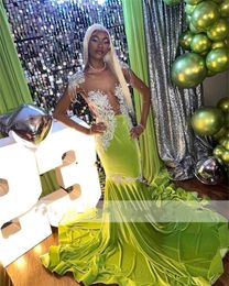 Sexy Lace Appliques Mermaid Black Girl Prom Dress Green Veet Beads Tassels Sheer Mesh Graduation Party Gowns Robe De Bal 322
