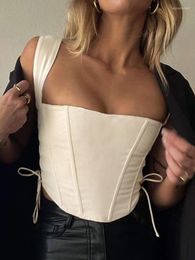 Women's T Shirts Sexy Off Shoulder Spaghetti Straps Crop Tops For Women 2023 Elegant Eyelets Bandage Lace Up Cropped Shirt Casual Club Party