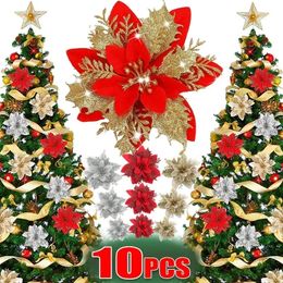Christmas Decorations Glitter Artificial Flowers Floral Silk Fake Flower with Clips for Xmas Tree Hanging Ornaments Year Gift Home Decor 231114