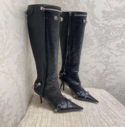 Cagole lambskin leather knee-high boots stud buckle embellished side zip shoes Toe stiletto heel tall boot designers shoe for women Trendy shoes factory footwear
