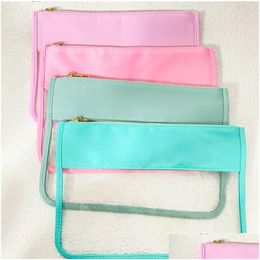 Storage Bags Customized Clear Flat Nylon Pouch Pvc Waterproof Cosmetic Bag With Zippered Lavender Embroidery Letters Pouchbag For Wo Dhn3P