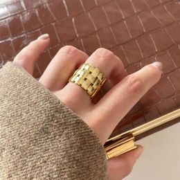 Cluster Rings Vintage 18K Gold Plating Authentic 925 Sterling Silver Irregular Braid Grid Long Ring Jewelry C-J1699