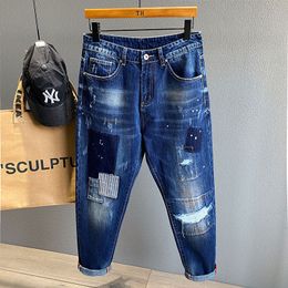 Men's Jeans Spring Summer Men Patchwork Jeans Ripped Hole Slim Fashion Streetwear High-quality Washed Vintage Male Denim Trousers 230414