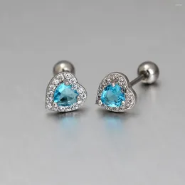 Stud Earrings 1PC Female Stainless Steel Luxury Crystal Heart Vintage Silver Colour Blue Zircon Earring Wedding Jewellery For Womem