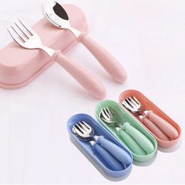 Cups Dishes Utensils 3pcs Children Spoon Forks Box Kids Stainless Steel Kids Cutlery Portable Baby Feeding Utensils Baby Spoons Baby Tableware Set AA230413