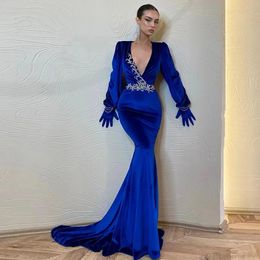 Royal Blue Veet Mermaid Evening Dresses V Neck Sleeve Long Formal Gown Appliques Women Prom Gowns Plus Size Custom Made 326