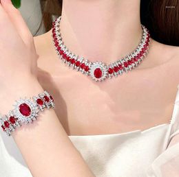 Choker Luxury Red Zircon Bridal Necklaces CZ Cubic Zirconia Wedding Bracelets For Brides Accessories Women Party Evening Dress Jewellery