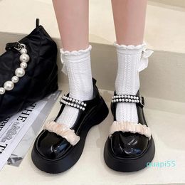 Sandals Flats Platform Lolita Mary Janes Women Shoes Beaded Casual 2023 Fashion PU Leather Ladies Oxford Femme Zapatos