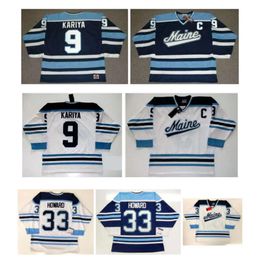 SJ Vintage Maine Black Bears Jersey 9 PAUL KARIYA 33 Jimmy Howard White Blue 100% Ing Hockey Jerseys