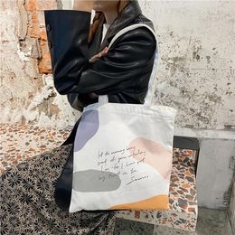 Shopping Bags Canvas Shoulder Bag Simple Student Tote Fashion Casual Letter Cartoon Print Large Capacity White Totes Eco Friendly