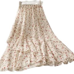 Skirts Chiffon skirt female summer mid-length high waist a-line small fresh floral irregular lotus leaf skirt P3 1120 230414