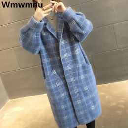 Womens Leather Faux Winter Plaid Imitation Mink Velvet Coats Thicken Warm Plush Knit Overcoat Elegant Fashion Midlong Jackets Loose Outwear 231113