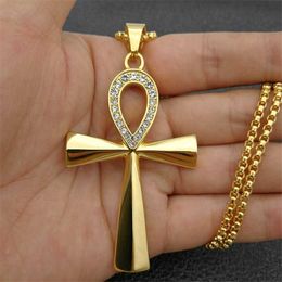 Pendant Necklaces Egypt Iced Out Bling Ankh Cross Pendant Necklace For Women And Men Key of Life Stainless Steel Egyptian Jewelry Dropshipping T230413