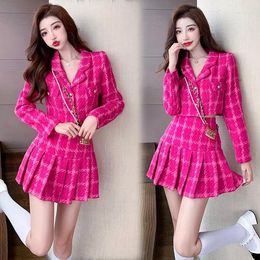 Work Dresses Women 2023 Spring Autumn Vintage Tweed Two Piece Set Female Crop Top Woolen Jacket Coat Mini Skirts Sets 2 Suits D330