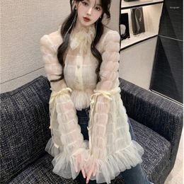 Women's Blouses Spring Fairy Lace Ruffles Shirt Long Trumpet Sleeve Chic Mesh Spliced Chiffon Pleated Up Tops Blusas Cardigan 2023