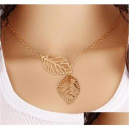 Pendant Necklaces Simple Style New Fashion Vintage Punk Necklace Gold Hollow Two Leaf Leaves Clavicle Chain Charm Jewelry Fo Dhgarden Dhncp