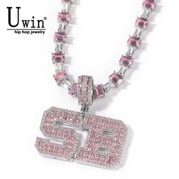 Pendant Necklaces Uwin Pink Baguette Letters Custom Name Necklace Pendant With Heart Tennis Chain or baguetter chain Iced Out Personalised Jewellery T230413