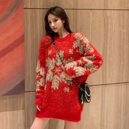 Women's Sweaters Autumn and winter mink velvet red Christmas sweater for women midlength lazy loose thickened soft waxy silk pullover 231113