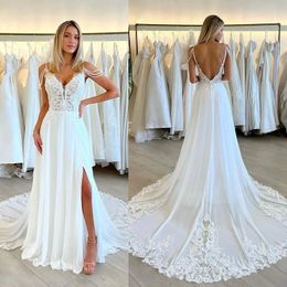 Charming Beach Bohemian A Line Wedding Dresses Plus Size Spaghetti Straps V Neck Backless Lace Applique Bridal Gowns Custom Made