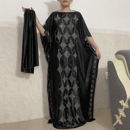 Ethnic Clothing African Silk Dresses For Women Muslim Boubou Robe 2023 Pure Set Auger O-neck Kanga Short Sleeve Clothes With Hijab