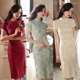 Ethnic Clothing Sexy Beaded Tassel Mandarin Collar Short Sleeve Chiffon Cheongsam Spring Elegant Vintage Orientale Chinese Women Qipao