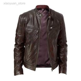 Faux 2023 Spring Men's Stand-Up Collar Slim Leather Jacket Brown Black Zipper Pocket Decorative Pu Coat Biker Men Clothes Casual Male