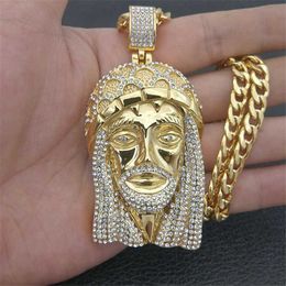 Pendant Necklaces Hip Hop Men Gold Color Iced Out Bling Rhinestone Stainless Steel Big Jesus Piece Necklaces Pendants With Chains Vogue Jewelry T230413