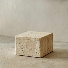 Storage Bottles Wholesale Customization Small Square Marble Sundries Box Jar With Lid Yellow Travertine Stone