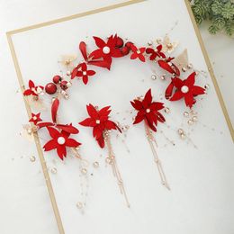 Hair Clips Wedding Tiaras Earring Jewelry Sets For Women Red Floral Bead Hairband Dangler Princess Headband Luxury Headdress Set