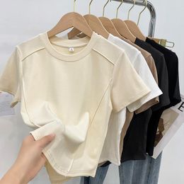 Women's T Shirts Solid Colour Round Neck Short Sleeve Slim T-shirt Women 2023 Summer Foreign Air Age Reduction Tops