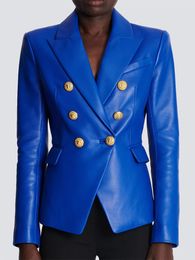 Women's Suits Blazers TOP QUALITY est Fashion Designer Jacket Women's Double Breasted Lion Buttons Slim Fitting Faux Leather Blazer 231114