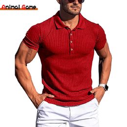 Men's T-Shirts Summer Solid Color Turn-Down Collar Men's Button Oversized T-shirt Short Sleeved Stripe Fitness Yoga Top 230414