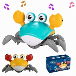 Electric/RC Animals Induction Escape Crab Rechargeable Led Crab Fujao Toy for Baby Interactive Toys Automatically Avoid Obstacles Drop 230414