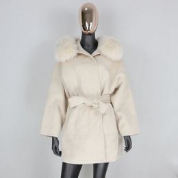 Womens Wool Blends CXFS Natural Fox Fur Collar Hood Cashmere Real Coat Winter Jacket Women Oversize Loose Outerwear Belt 231114