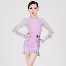 Stage Wear Girls Purple Latin Dance Clothes Rumba Samba Dancing Performance Costume Bodysuit Skirt ChaCha Competition Dress VDB7458