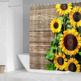 Shower Curtains Sunflower Bathroom Shower Curtain Wood Panel Butterfly Black Background Hanging Curtains Bathroom Decor R231114