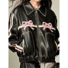 Women'S Jackets Womens Jackets Bow Y2K Motorcycle Pu Leather Jacket Fashion Women Zipper -Neck Sweet Cool Coat 2023 Autumn Vintage Str Otgsv